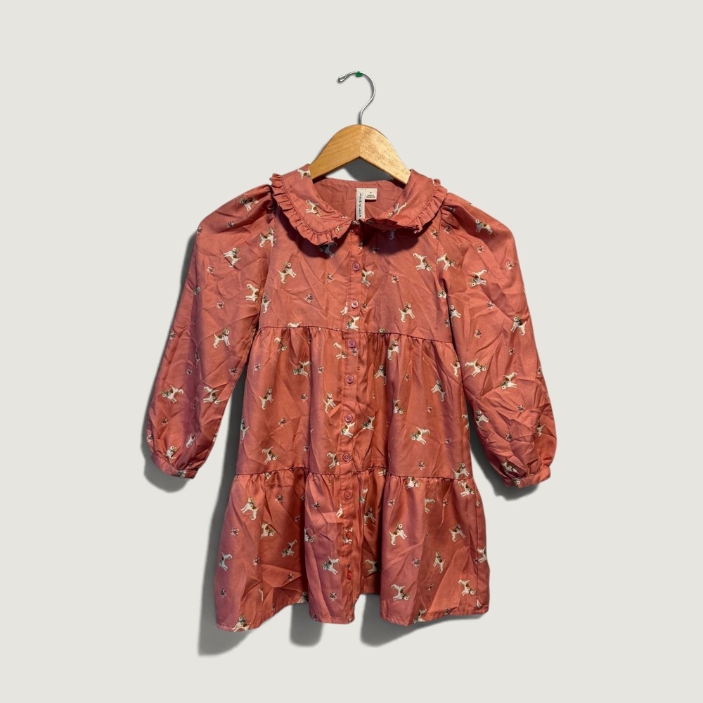 Janie and Jack Girls Size 6 Pink Dog Print Ruffle Collar Dress Fall